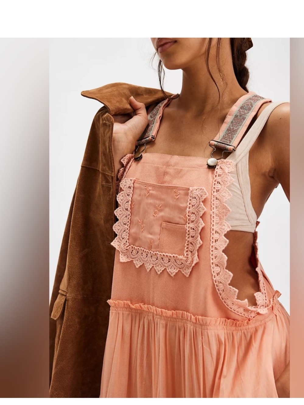 FREE PEOPLE Peach SKIRTALL Lace-Trim Cotton Overalls Dress SMALL